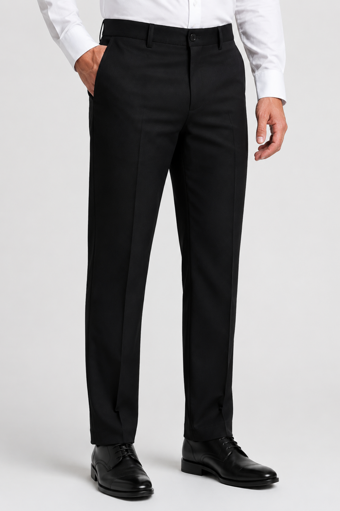 A man wearing black dress pants with a white dress shirt and black leather dress shoes, shown from the waist down against a light gray studio background.