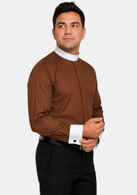 Brown Banded Collar Clergy Shirt