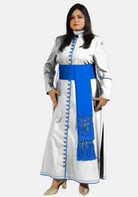 Ethereal White Women Cassock with Blue Trim