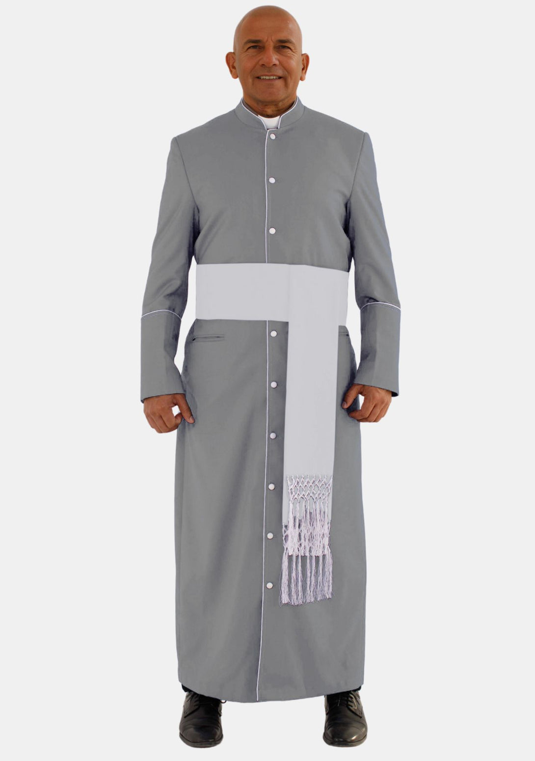 Gray eClergys Men Robe with 10 Buttons and White Trim