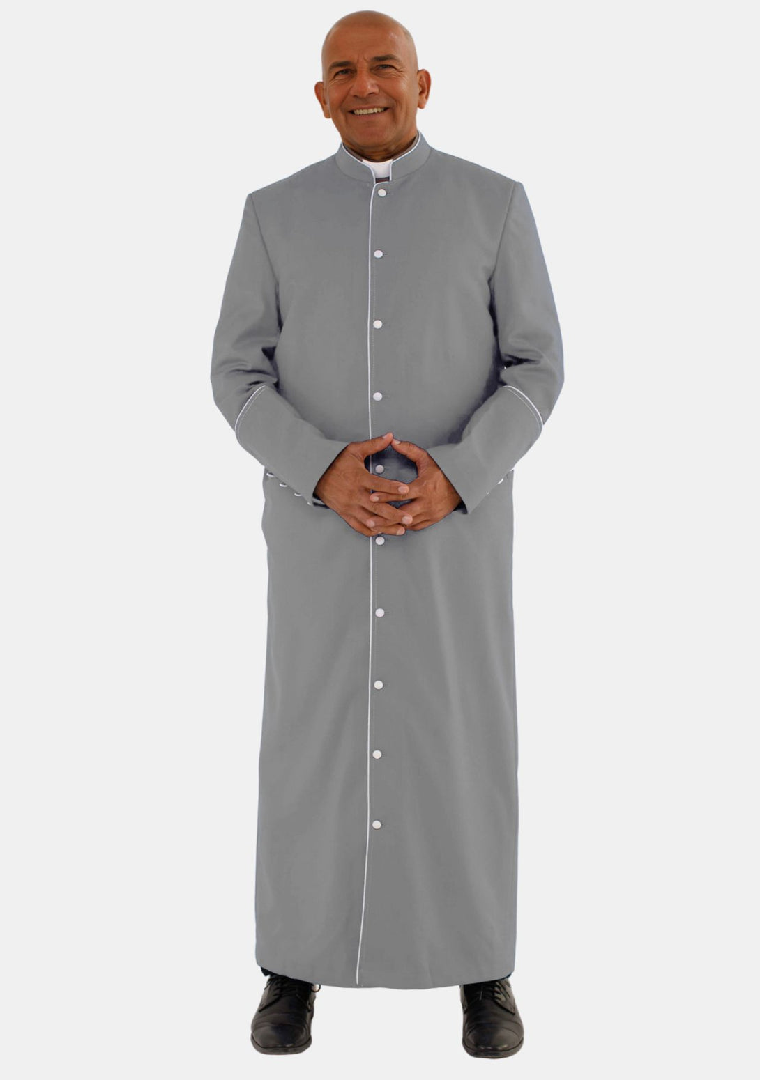 Gray eClergys Men Robe with 10 Buttons and White Trim