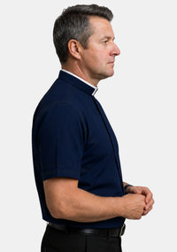 Roman Collar Short Sleeve Navy Blue Clergy Shirt for Men