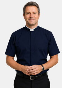 Roman Collar Short Sleeve Navy Blue Clergy Shirt for Men