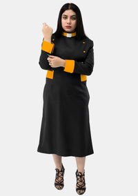Womens Clergy Dress Black with Gold Designer Buttons
