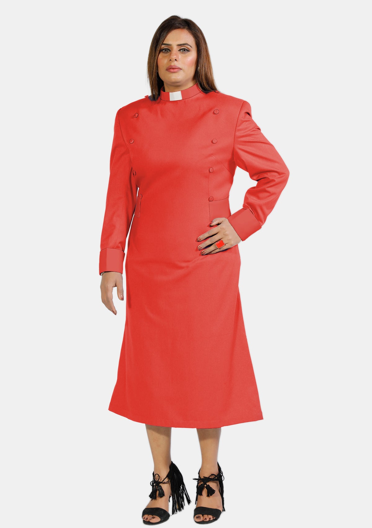 Womens Clergy Dress Red with Designer Buttons